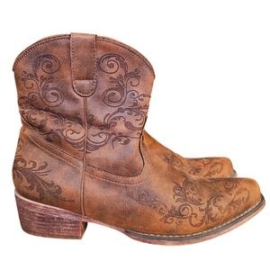 Roper Women Short Stuff Boot Brown Floral Embossed Zipper Ankle Western Sz 10.5